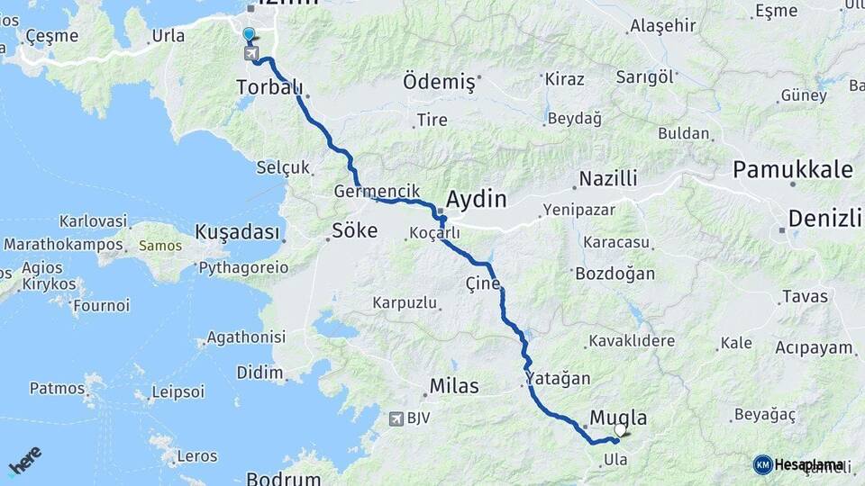 İzmir Gaziemir Muğla Arası Kaç Km - Yol Haritası