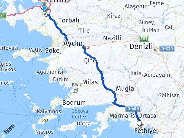 İzmir Gaziemir Muğla Dalaman Havalimanı Arası Kaç Km - Yol Haritası