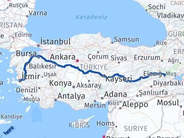 İzmir Gaziemir Muş Arası Kaç Km - Yol Haritası