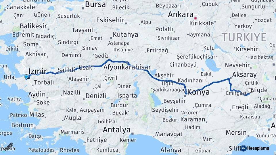 İzmir Gaziemir Niğde Arası Kaç Km - Yol Haritası