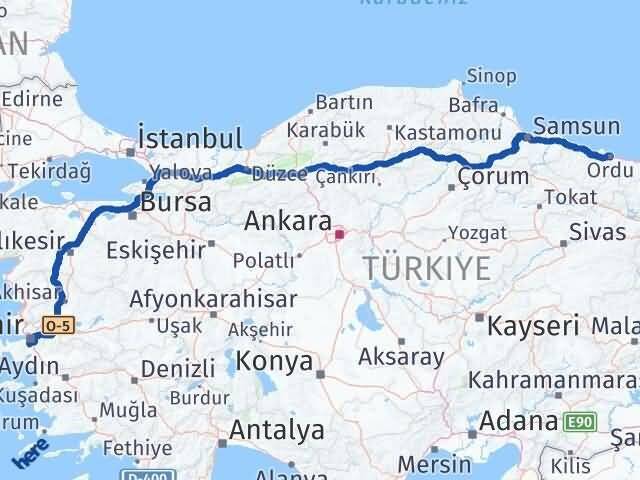 İzmir Gaziemir Ordu Arası Kaç Km - Yol Haritası