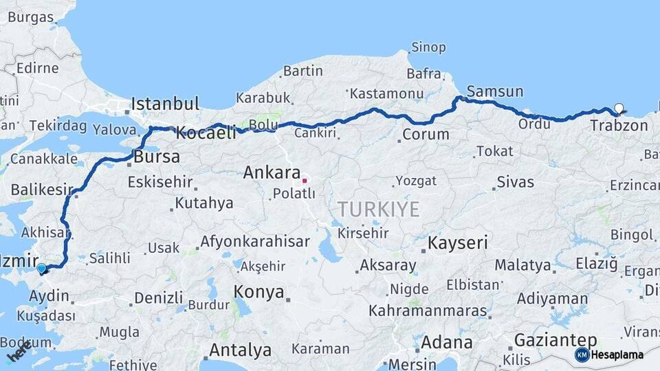 İzmir Gaziemir Trabzon Arası Kaç Km - Yol Haritası