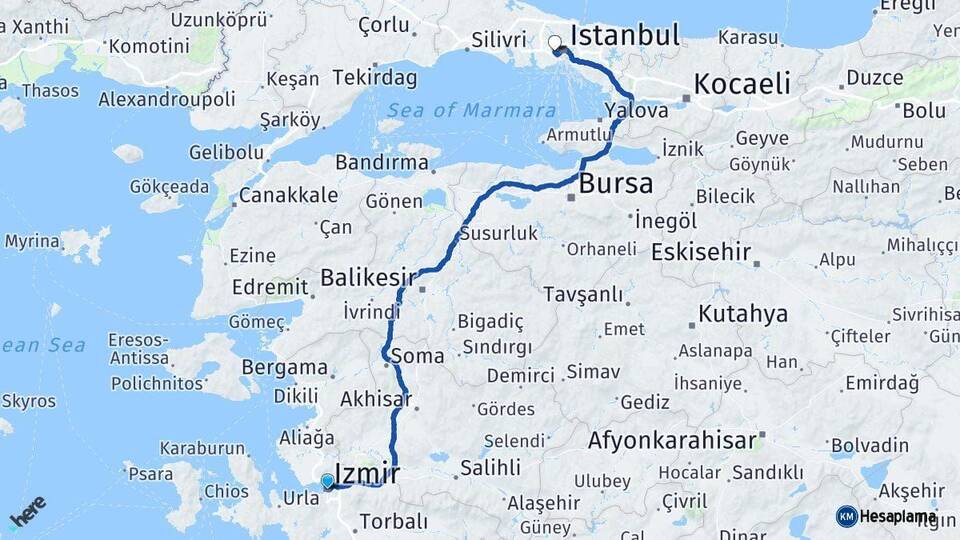 İzmir Gaziosmanpaşa İstanbul Arası Kaç Km - Yol Haritası