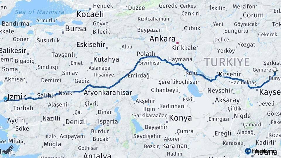 İzmir Gemerek Sivas Arası Kaç Km - Yol Haritası