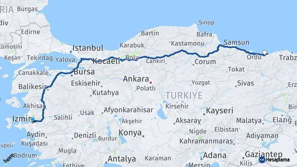 İzmir Giresun Arası Kaç Km - Yol Haritası