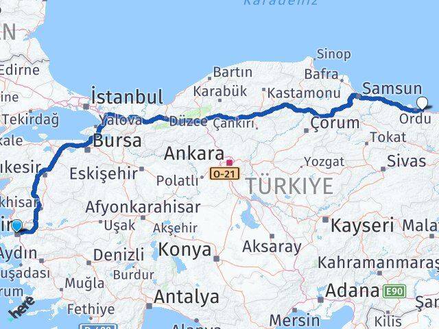 İzmir Gülyalı Ordu Arası Kaç Km - Yol Haritası