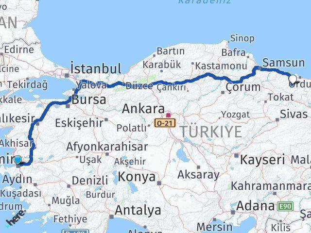 İzmir Gürgentepe Ordu Arası Kaç Km - Yol Haritası