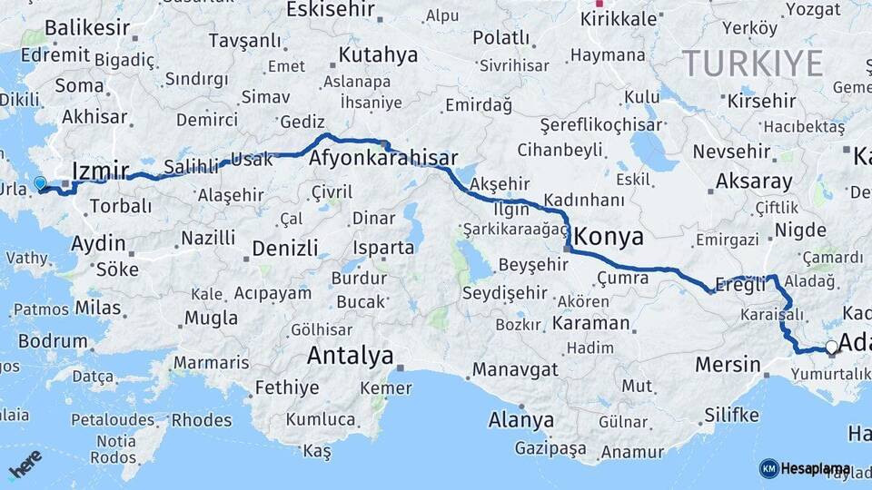İzmir Güzelbahçe Adana Arası Kaç Km - Yol Haritası