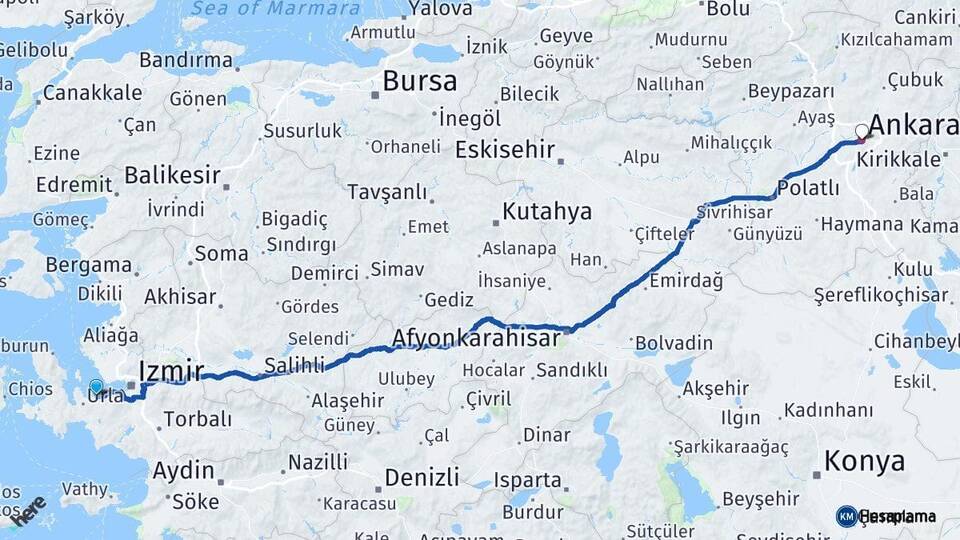 İzmir Güzelbahçe Ankara Arası Kaç Km - Yol Haritası