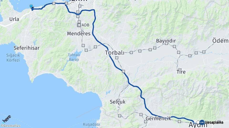 İzmir Güzelbahçe Aydın Arası Kaç Km - Yol Haritası
