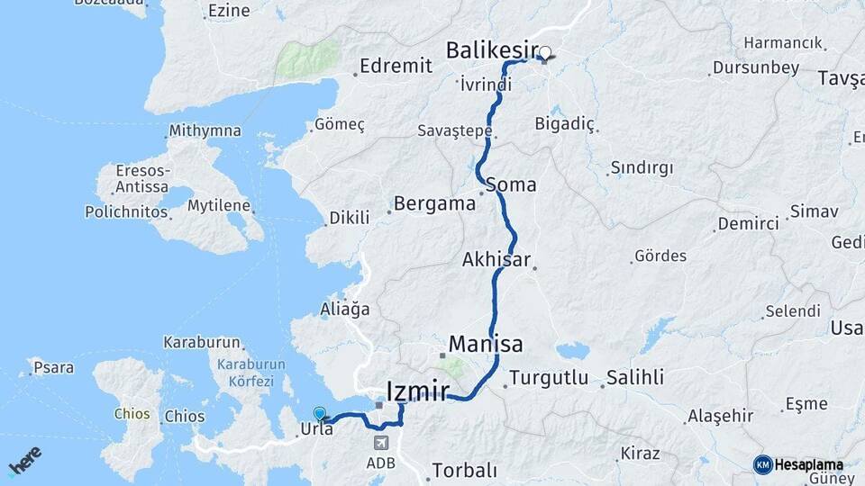İzmir Güzelbahçe Balıkesir Arası Kaç Km - Yol Haritası
