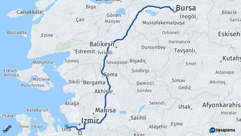 İzmir Güzelbahçe Bursa Arası Kaç Km - Yol Haritası