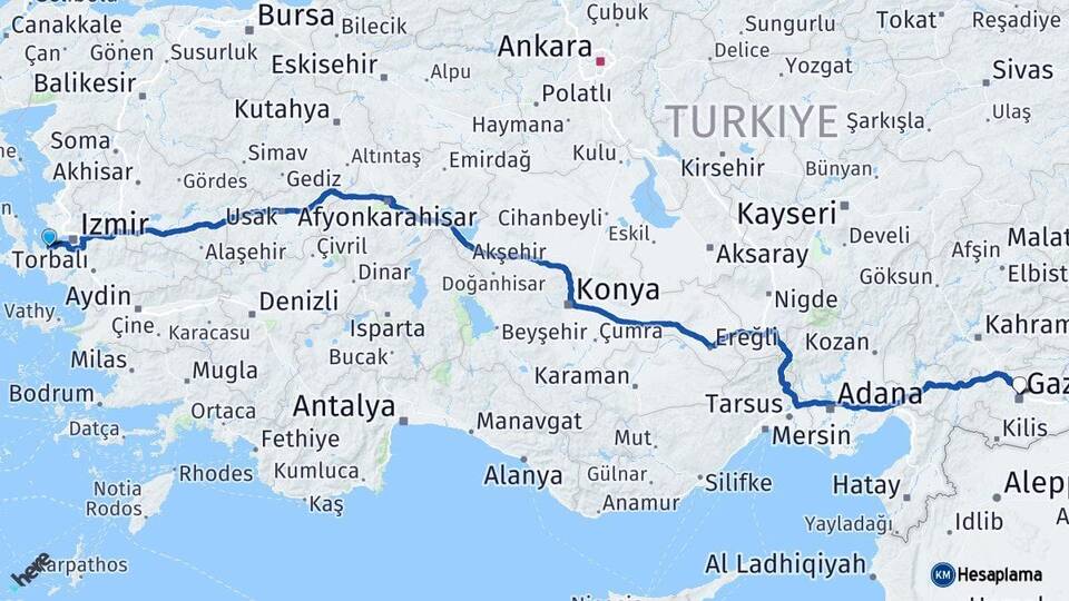 İzmir Güzelbahçe Gaziantep Arası Kaç Km - Yol Haritası