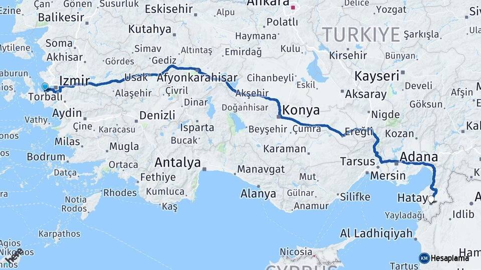 İzmir Güzelbahçe Hatay Arası Kaç Km - Yol Haritası