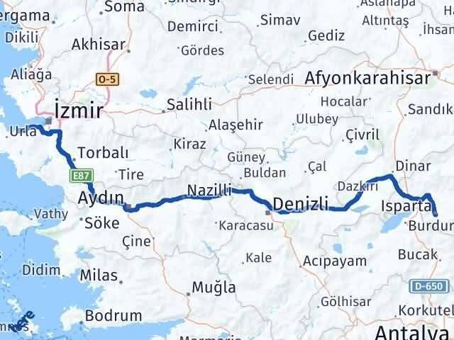İzmir Güzelbahçe Isparta Arası Kaç Km - Yol Haritası