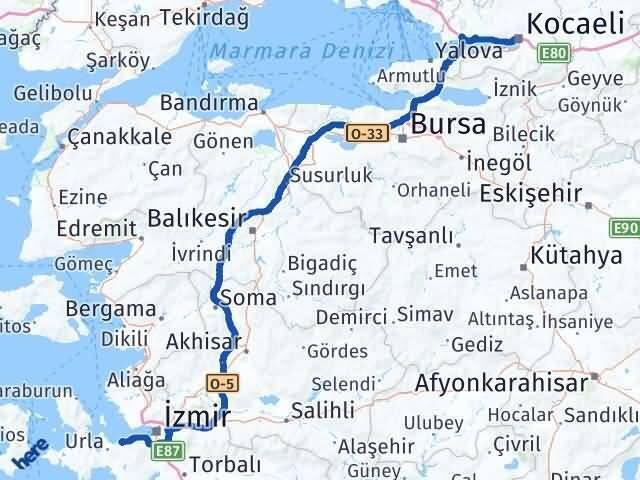 İzmir Güzelbahçe Kocaeli Arası Kaç Km - Yol Haritası