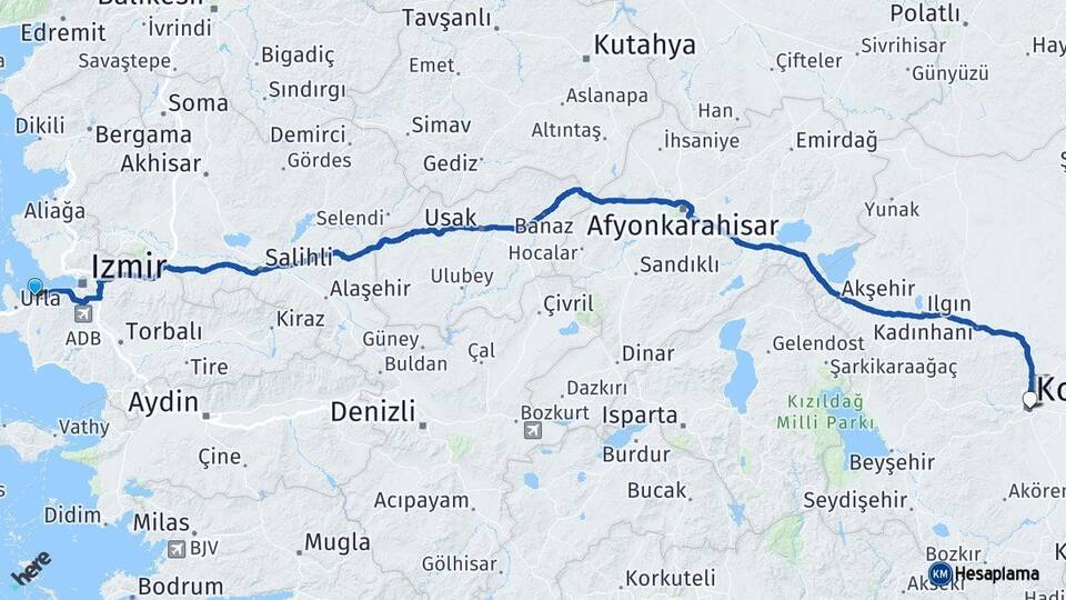 İzmir Güzelbahçe Konya Arası Kaç Km - Yol Haritası
