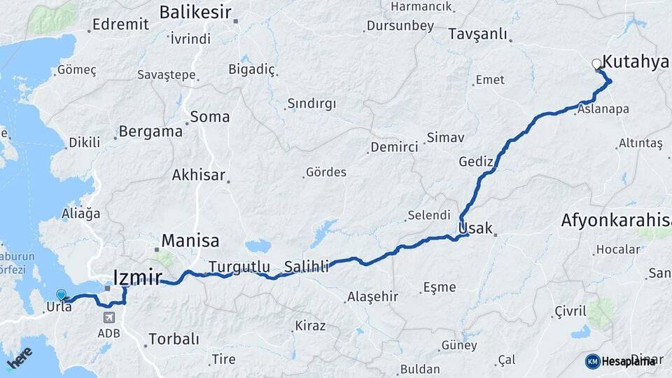 İzmir Güzelbahçe Kütahya Arası Kaç Km - Yol Haritası