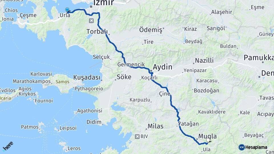 İzmir Güzelbahçe Muğla Arası Kaç Km - Yol Haritası