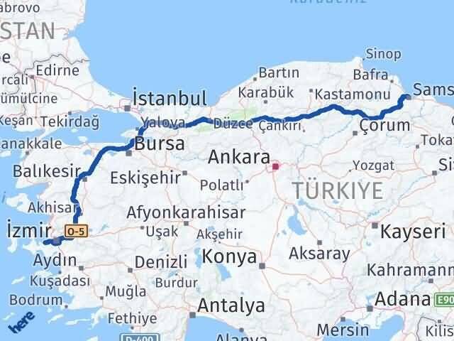 İzmir Güzelbahçe Samsun Arası Kaç Km - Yol Haritası