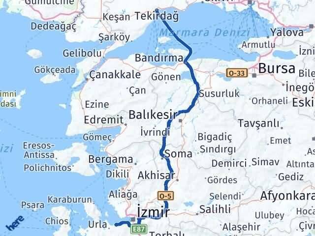 İzmir Güzelbahçe Tekirdağ Arası Kaç Km - Yol Haritası