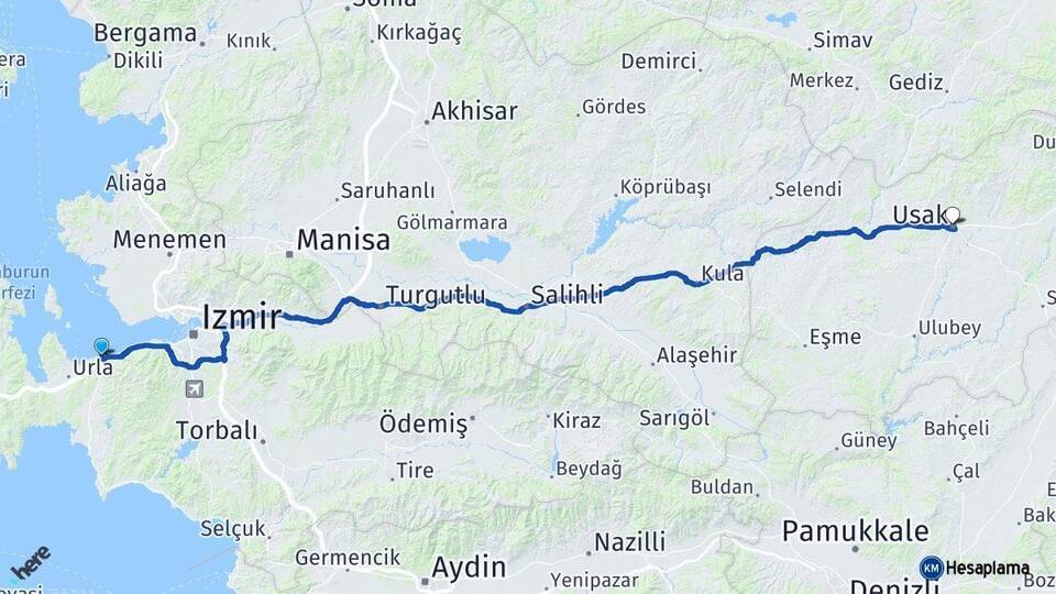 İzmir Güzelbahçe Uşak Arası Kaç Km - Yol Haritası