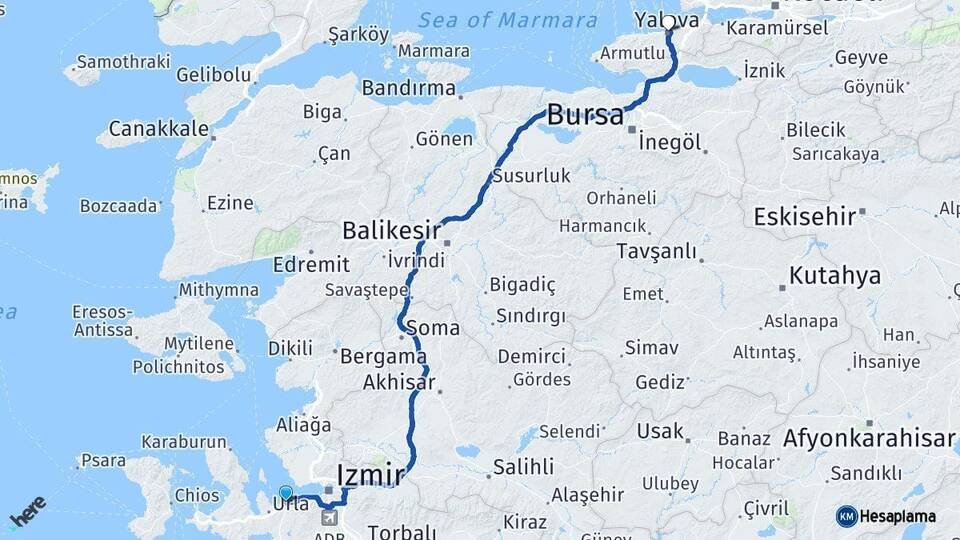 İzmir Güzelbahçe Yalova Arası Kaç Km - Yol Haritası
