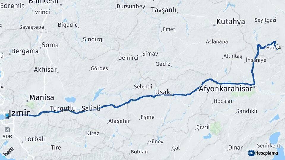 İzmir Han Eskişehir Arası Kaç Km - Yol Haritası