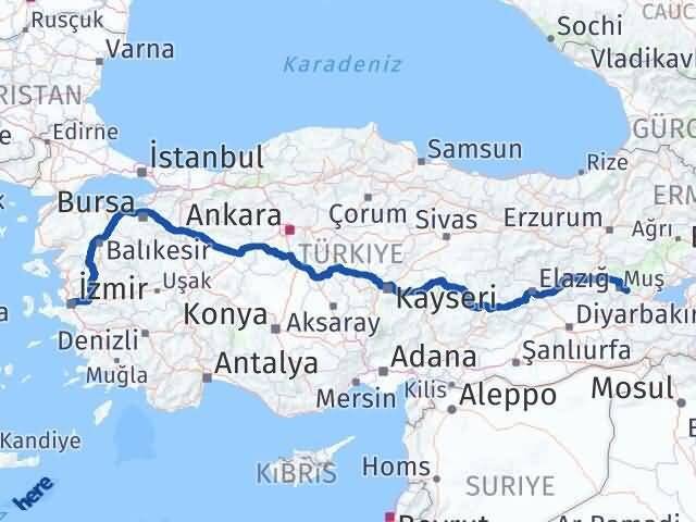 İzmir Hasköy Muş Arası Kaç Km - Yol Haritası