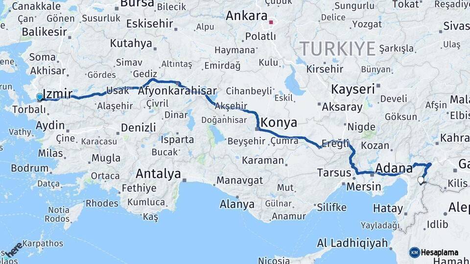 İzmir Hassa Hatay Arası Kaç Km - Yol Haritası