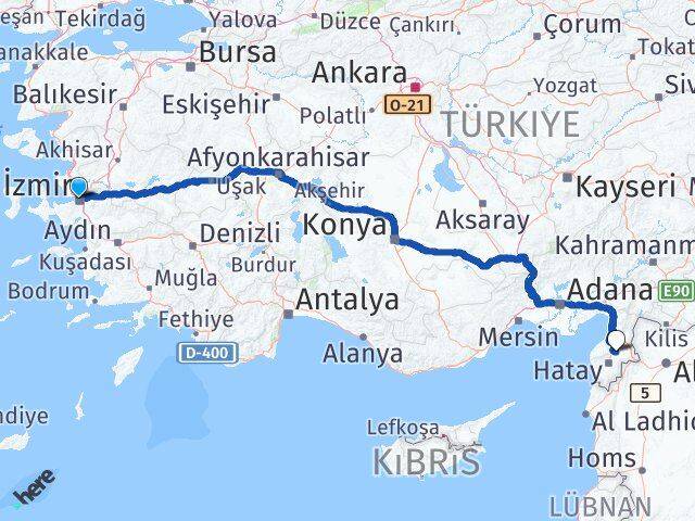 İzmir Hatay Havalimanı Arası Kaç Km - Yol Haritası