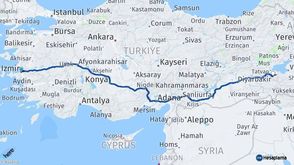 İzmir Hizan Bitlis Arası Kaç Km - Yol Haritası