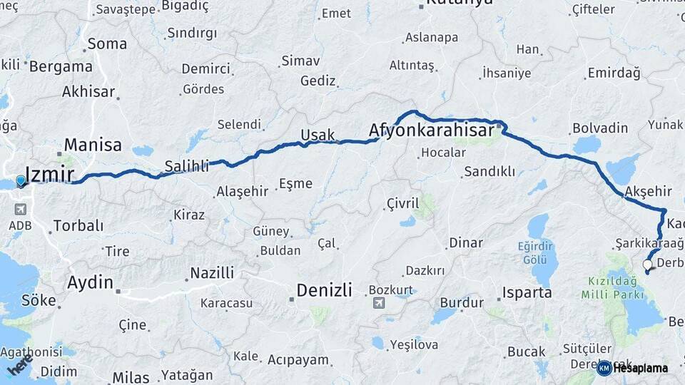İzmir Hüyük Konya Arası Kaç Km - Yol Haritası