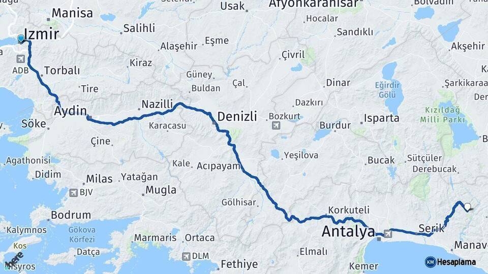 İzmir İbradı Antalya Arası Kaç Km - Yol Haritası