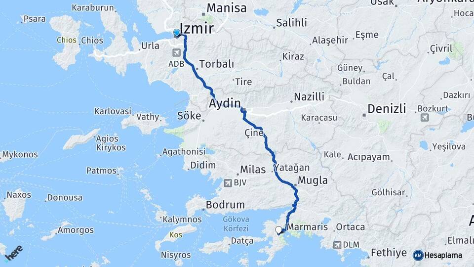İzmir İçmeler Marmaris Muğla Arası Kaç Km - Yol Haritası