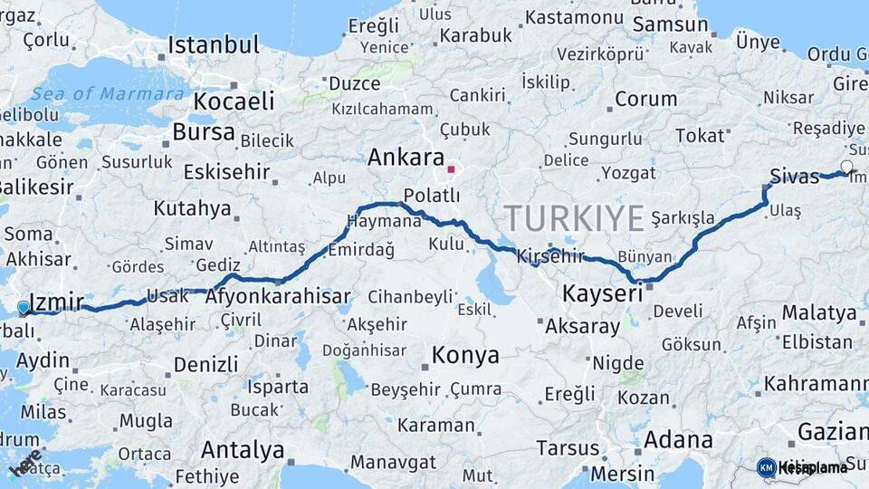 İzmir İmranlı Sivas Arası Kaç Km - Yol Haritası
