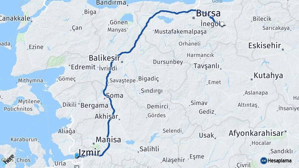 İzmir İnegöl Bursa Arası Kaç Km - Yol Haritası