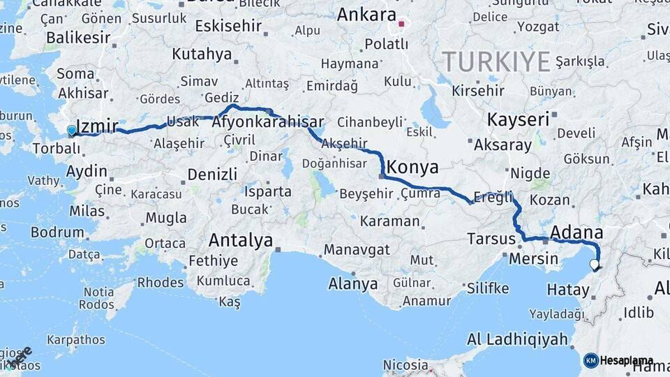 İzmir İskenderun Hatay Arası Kaç Km - Yol Haritası