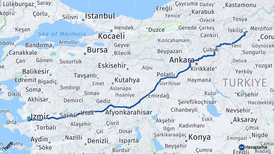 İzmir İskilip Çorum Arası Kaç Km - Yol Haritası