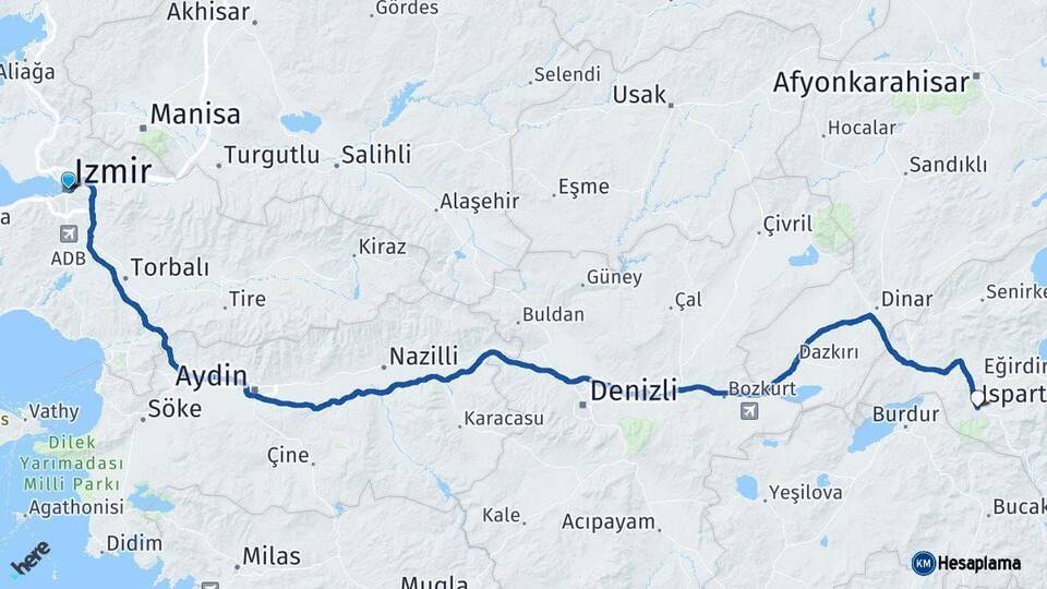 İzmir Isparta Arası Kaç Km - Yol Haritası