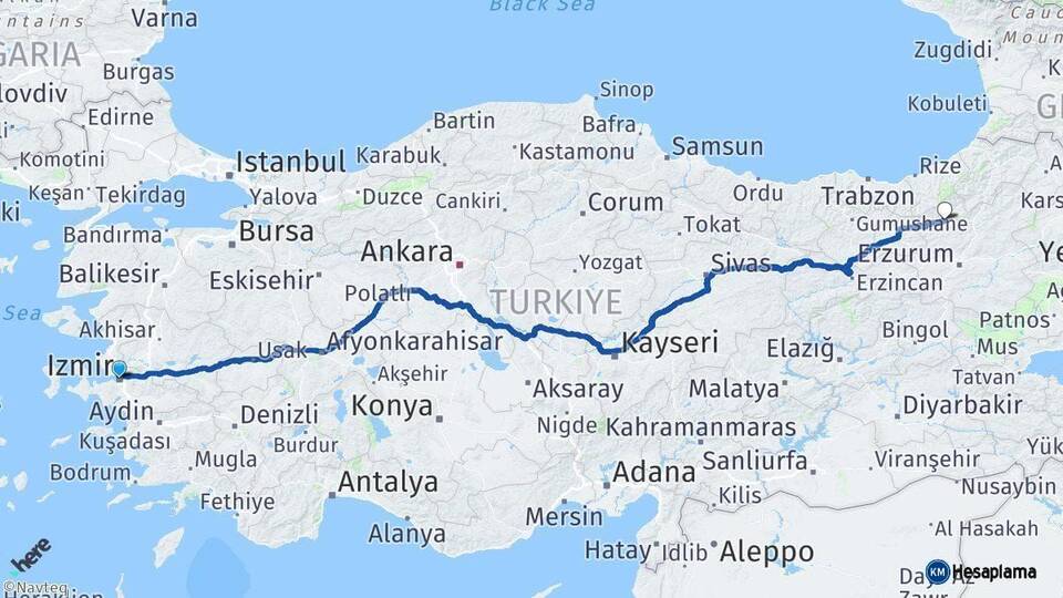 İzmir İspir Erzurum Arası Kaç Km - Yol Haritası