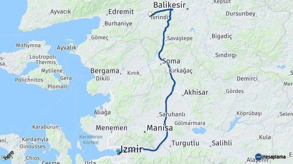İzmir İvrindi Balıkesir Arası Kaç Km - Yol Haritası