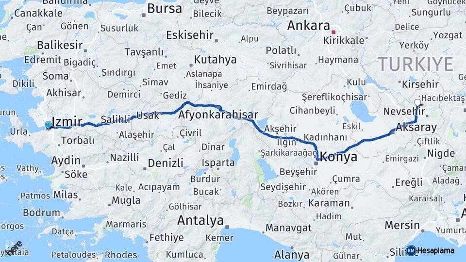 İzmir Kapadokya Havalimanı Arası Kaç Km - Yol Haritası