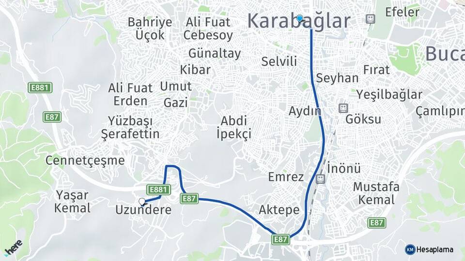 İzmir Karabağlar Uzundere Karabağlar Arası Kaç Km - Yol Haritası