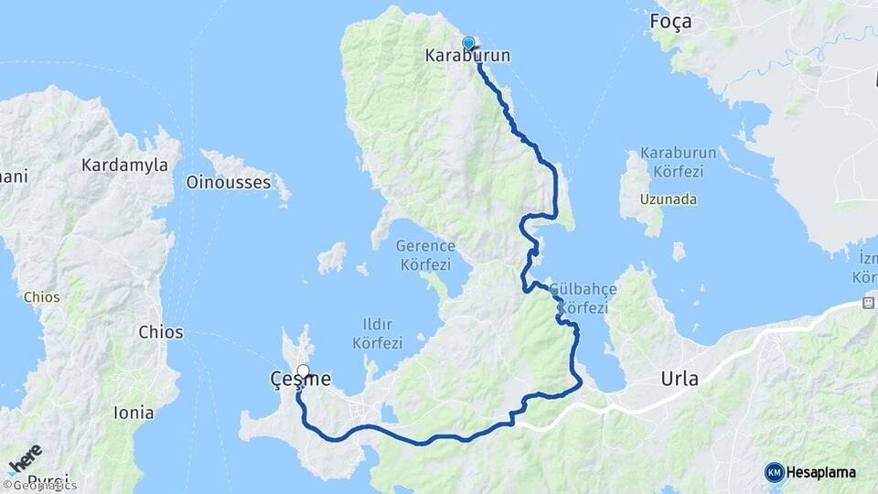 İzmir Karaburun Çeşme Arası Kaç Km - Yol Haritası