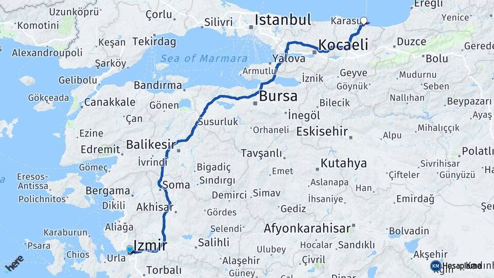 İzmir Karasu Sakarya Arası Kaç Km - Yol Haritası