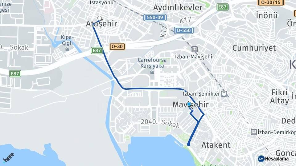 İzmir Karşıyaka Mavişehir Ataşehir Çiğli Arası Kaç Km - Yol Haritası