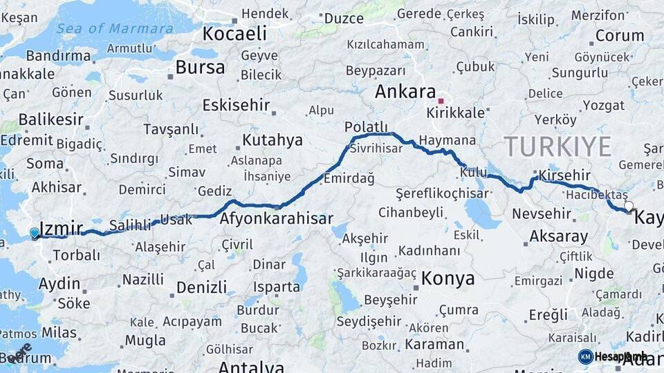 İzmir Kayseri Arası Kaç Km - Yol Haritası