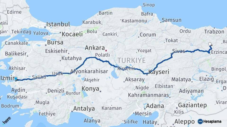 İzmir Kelkit Gümüşhane Arası Kaç Km - Yol Haritası