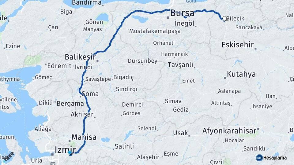 İzmir Kemalpaşa Bilecik Arası Kaç Km - Yol Haritası
